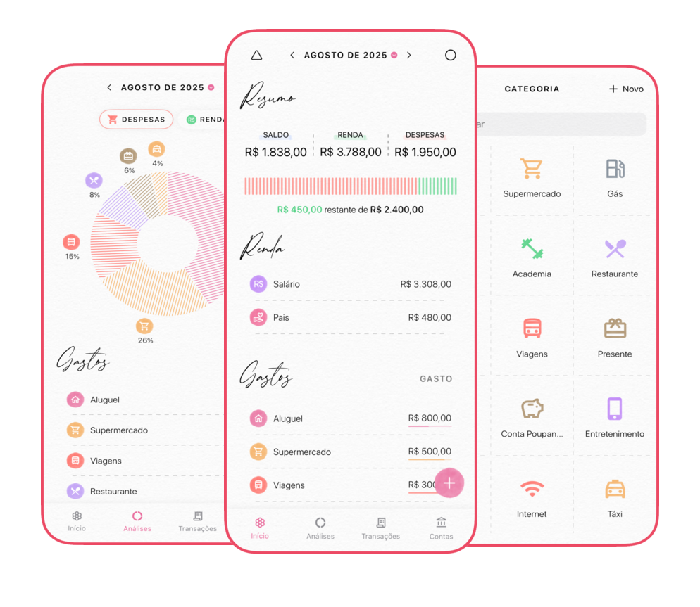 Aplicativo de planejamento financeiro Fleur mostrando orçamento mensal, categorias de despesas, transações e análises de gastos