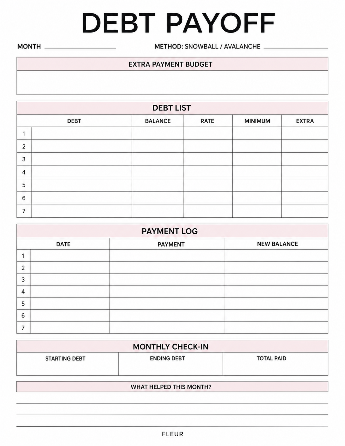 Preview of the minimal debt payoff printable